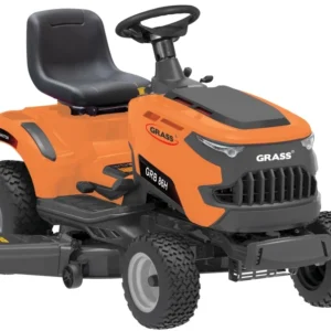 Oranžov&yacute; zahradn&iacute; traktor Grass GRB 86H s motorem Loncin, bočn&iacute;m v&yacute;hozem a voz&iacute;kem na tr&aacute;vě