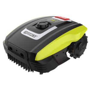 Robotick&aacute; sekačka G-Force Mowbest v nab&iacute;jec&iacute; stanici na tr&aacute;vn&iacute;ku