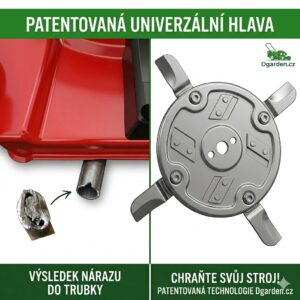 Patentovan&aacute; univerz&aacute;ln&iacute; žac&iacute; hlava 5v1 pro sekačky na tr&aacute;vu &ndash; chr&aacute;n&iacute; motor před po&scaron;kozen&iacute;m při n&aacute;razu na přek&aacute;žku.