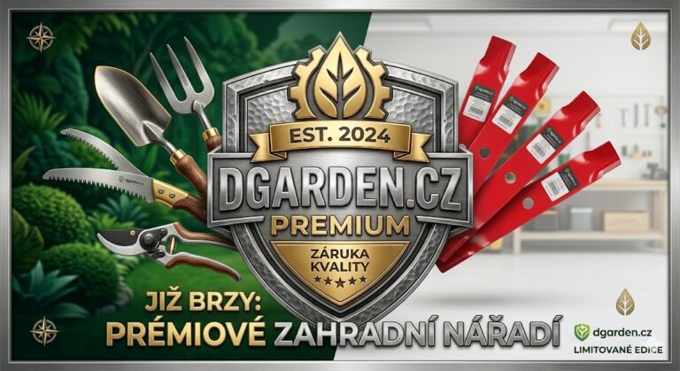 Profesion&aacute;ln&iacute; promo grafika dgarden.cz Premium s centr&aacute;ln&iacute; kovovou pečet&iacute; kvality, pr&eacute;miov&yacute;m n&aacute;řad&iacute;m na lev&eacute; straně a noži na sekačku na prav&eacute; straně. Zlat&yacute; text slibuje 'Coming Soon' pro limitovan&eacute; edice zahradn&iacute;ho n&aacute;řad&iacute;.