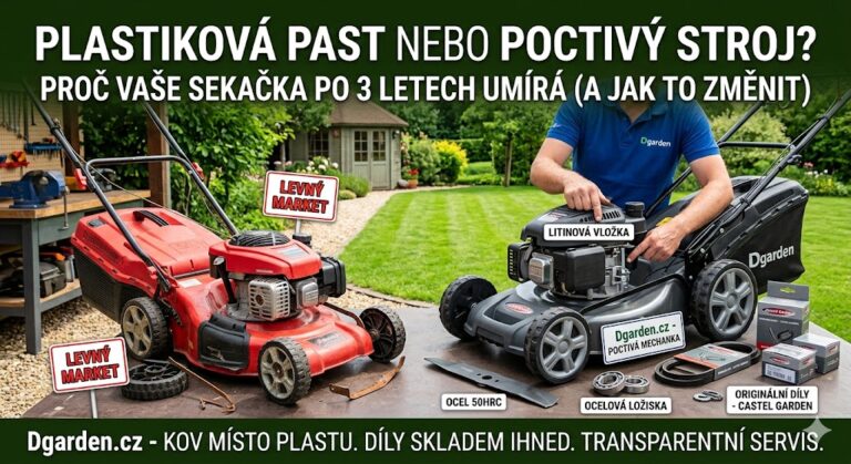 Porovn&aacute;n&iacute; levn&eacute; marketov&eacute; sekačky a poctiv&eacute;ho stroje Dgarden.cz s kovov&yacute;mi d&iacute;ly a dostupn&yacute;mi n&aacute;hradn&iacute;mi d&iacute;ly.